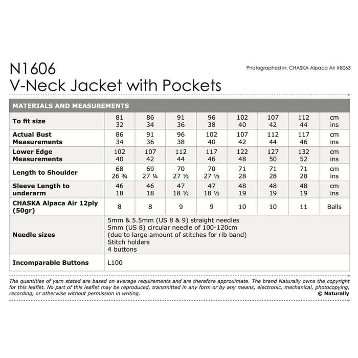 Knitting pattern for Chaska Alpaca Air V-Neck Jacket with pockets, size 81-112cm, 12Ply yarn, needle sizes 5mm & 5.5mm.