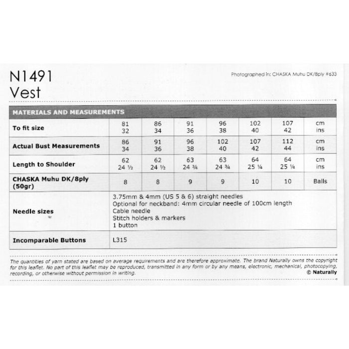 Vest Knitting Pattern (N1491)-Needlecraft Patterns-Wentworth Distributors-Printed-Wild & Woolly Yarns
