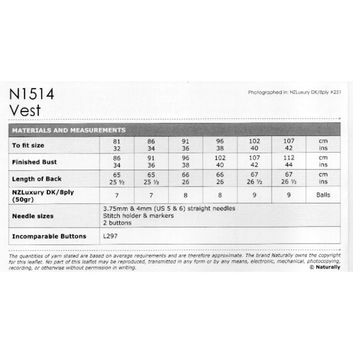 Vest Knitting Pattern (N1514)**-Needlecraft Patterns-Wentworth Distributors-Printed-Wild & Woolly Yarns