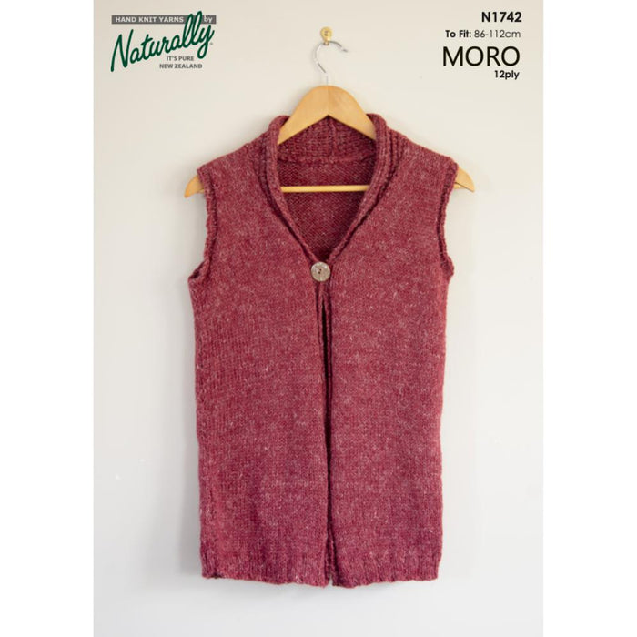 Knitted vest pattern in Moro 12ply with deep V-neck and button closure, designed by Naturally.