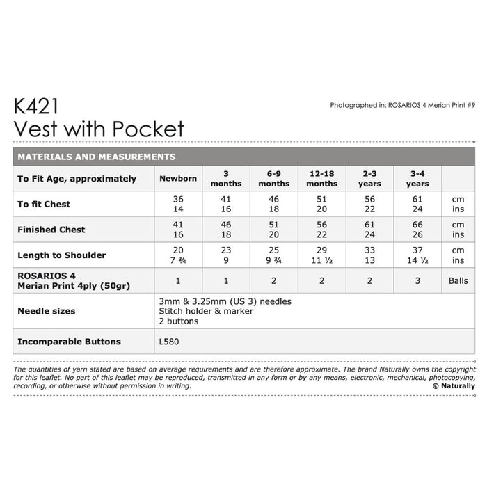 Vest with Pocket Knitting Pattern (K421)**-Needlecraft Patterns-Wentworth Distributors-Printed-Wild & Woolly Yarns