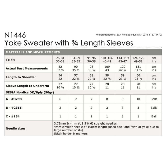 Yoke Sweater with 3/4 Length Sleeves Knitting Pattern (N1446)-Needlecraft Patterns-Wentworth Distributors-Printed-Wild & Woolly Yarns
