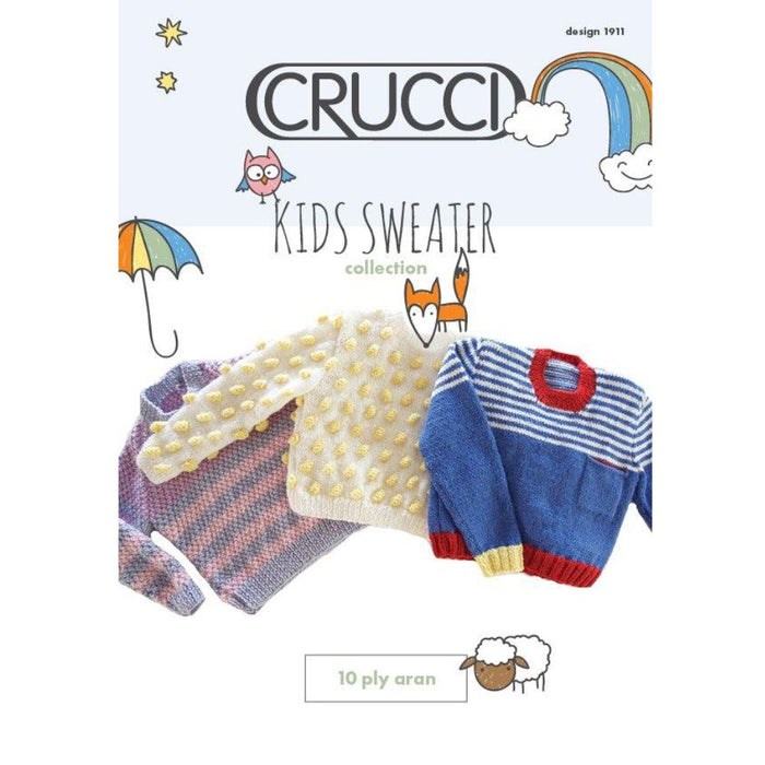 Knitting pattern for 3 kids sweaters using Crucci Aran 10ply wool, sizes 2-10 years.