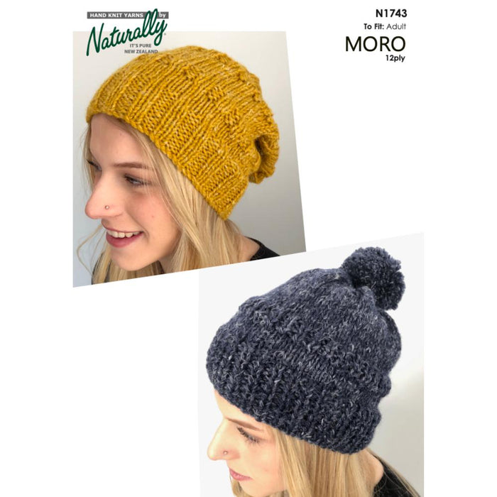 Beanie and slouch hat knitting pattern featuring Moro 12ply yarn for adults, showcasing yellow beanie and gray slouch hat with pom-pom.