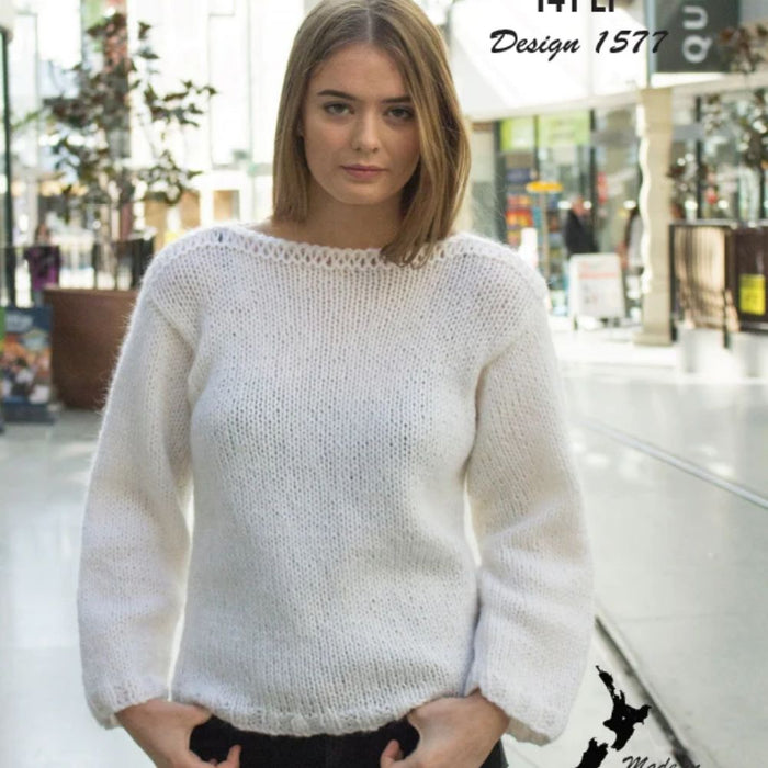 Boat neck sweater knitting pattern CRU1577 for 14 ply yarns, sizes S to XL, easy skill level.