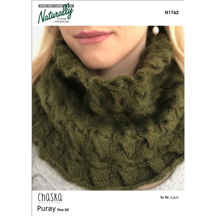 Luxurious cable cowl knitting pattern with seamless design using Chaska Puray Fine DK yarn for warmth and style.