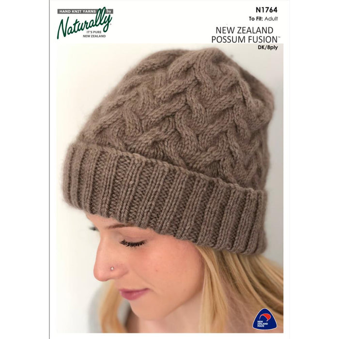 Cabled Beanie Knitting Pattern N1764 in New Zealand Possum Fusion DK/8ply, featuring classic cable design and fold-over brim.