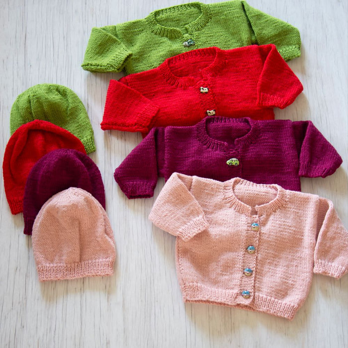 Cardigan and hat knitting pattern set in various colors, suitable for babies newborn to 18 months.