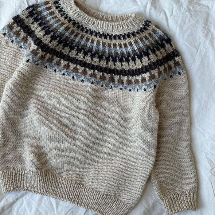 Junior Celeste Sweater with circular yoke and colorwork, from PetiteKnit knitting pattern.