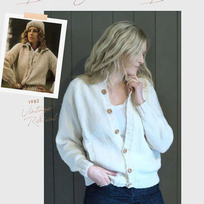 Chunky battle jacket & beanie knitting pattern CRU2027 on model, vintage revival style.