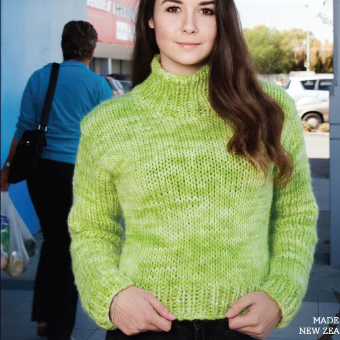 Chunky polo neck sweater knitting pattern, intermediate skill, XS-XXL sizes, lime green color.