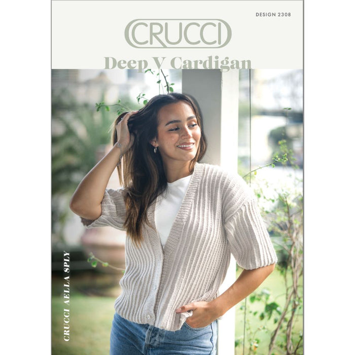 Deep V Cardigan Knitting Pattern by Crucci in Aella 8ply yarn; features deep V-neck and rib stitch, intermediate-level project.