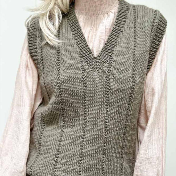 Unisex V-neck vest in olive yarn, showcasing a vertical panel pattern; part of the Harry Vest Knitting Pattern collection.