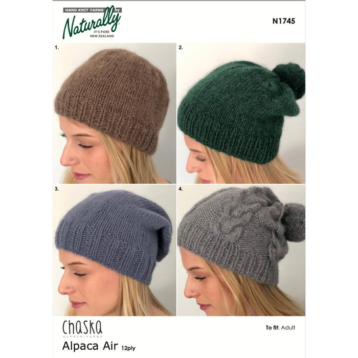 Knitting pattern for hats collection including beanie, pom-pom hat, slouch hat, and cable pom-pom hat in Chaska Alpaca Air 12ply yarn.