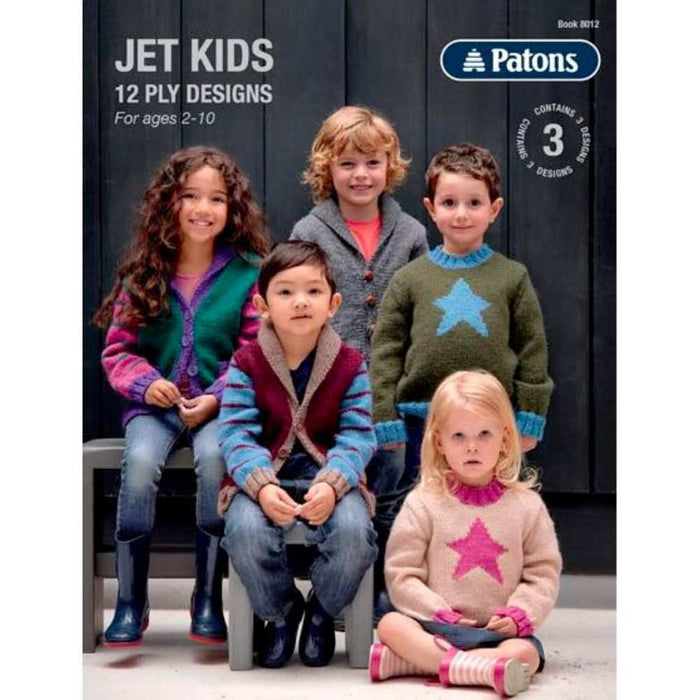 Knitting pattern book for kids ages 2-10 with 3 unique 12ply designs: scarf, jumper/cardigan, and blanket.