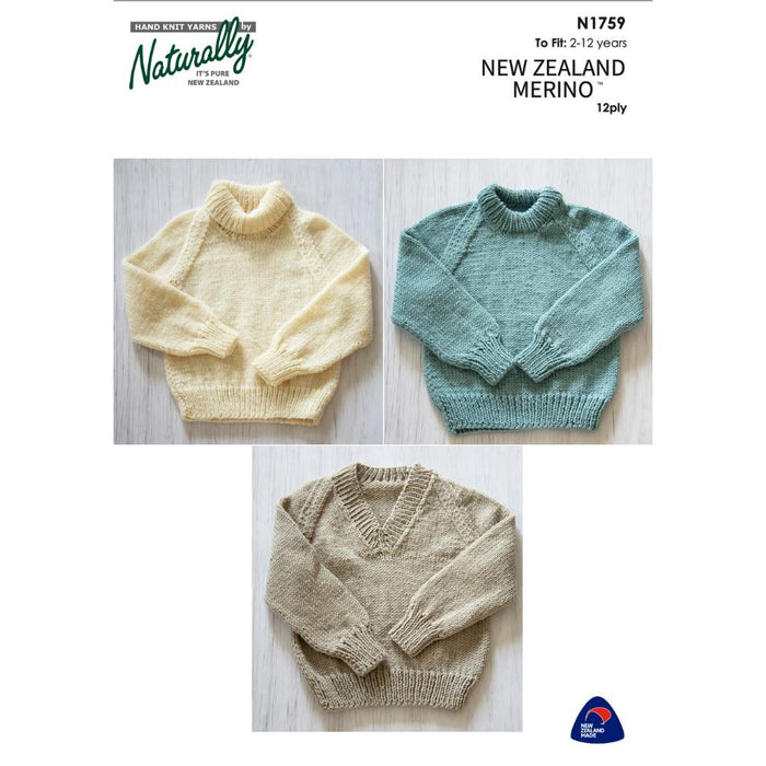 Jumper knitting patterns in New Zealand Merino 12ply, featuring raglan design with polo, crew, and V-neck options for children ages 2-12.