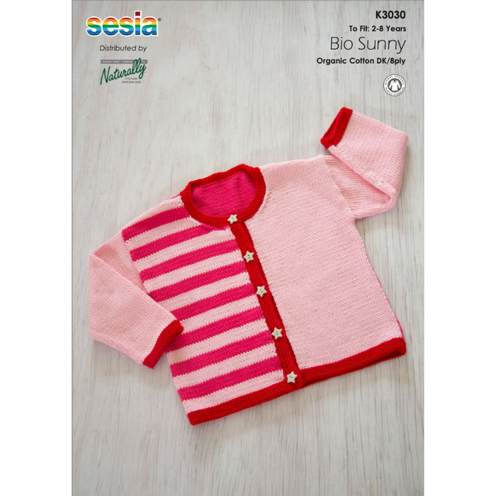 Kids cardigan knitting pattern in Sesia Bio Sunny DK/8ply with pink and red stripes, designed for ages 2 to 8.