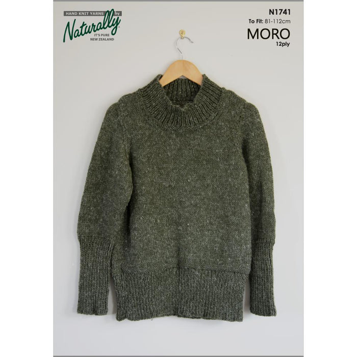 Cozy Lazy Sweater in Moro 12ply with wide ribbed hem and rolled neckline, knitting pattern N1741.