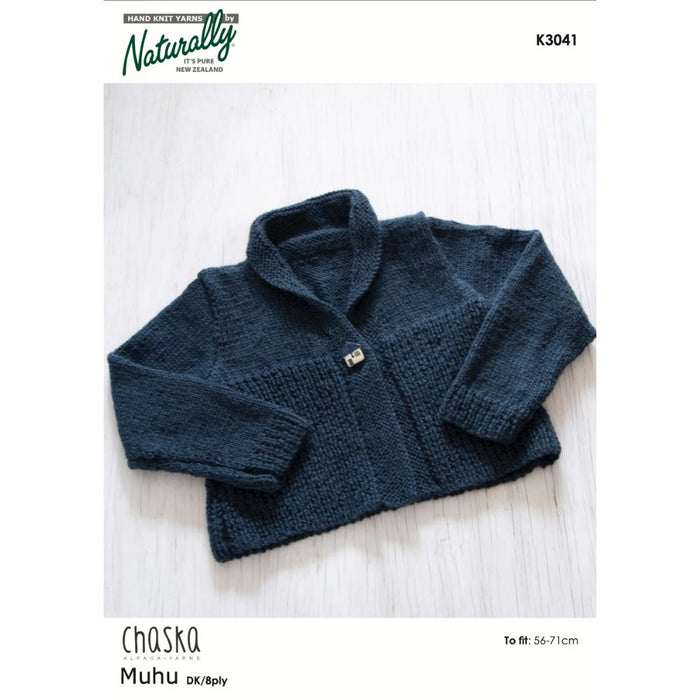 Little Jacket Knitting Pattern K3041 in Chaska Muhu DK/8ply for babies and toddlers, featuring cozy collar and full sleeves.