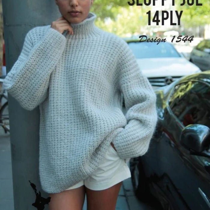 Oversized turtle neck knitting pattern sweater.