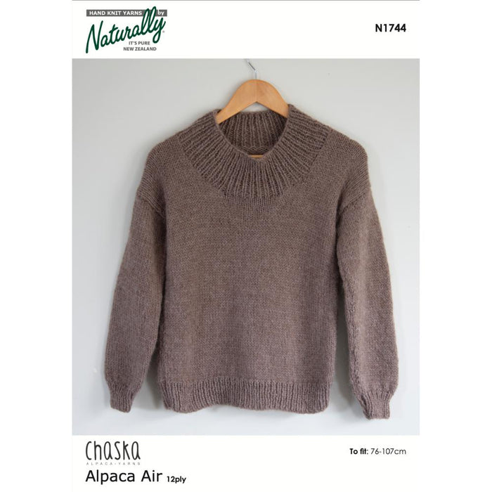 Oversized sweater knitting pattern in alpaca yarn with ribbed neckline and cuffs, design N1744.