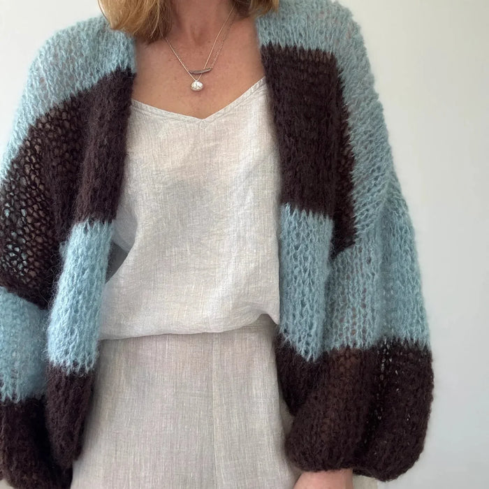 Piper Jacket Knitting Pattern featuring stylish two-tone stripes in mohair fabric.