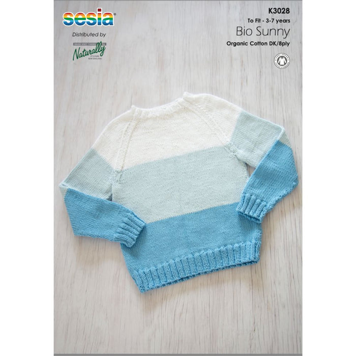 Raglan summer jumper knitting pattern for kids, displayed in blue and white stripes, suitable for ages 3-7, crafted with Sesia Bio Sunny DK/8ply yarn.
