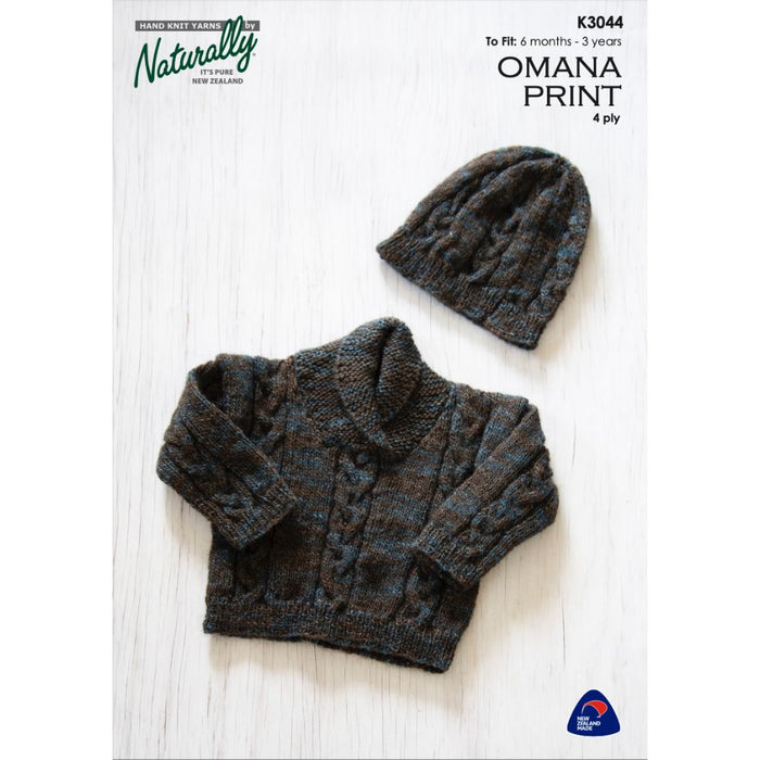 Shawl Collar Sweater and Hat Knitting Pattern K3044 with Naturally Omana Print 4ply yarn for ages 6 months to 3 years, featuring cable details.