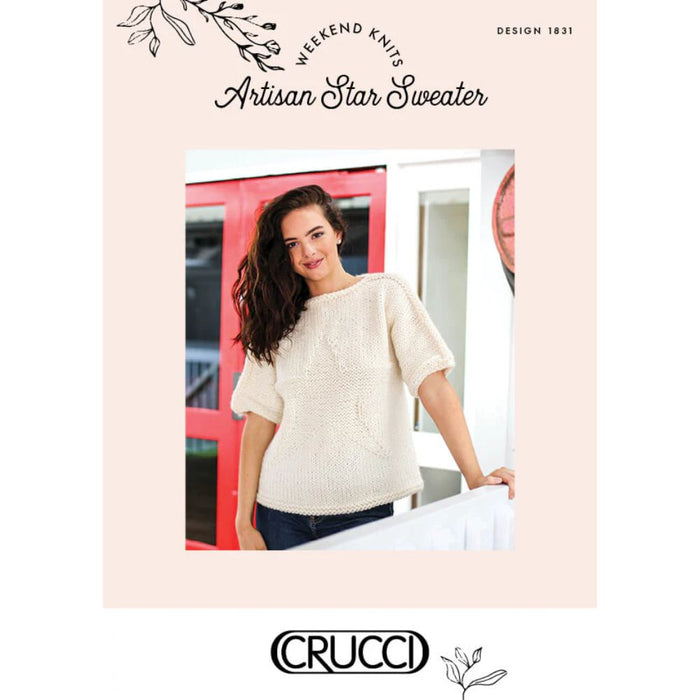 Star Sweater Knitting Pattern CRU1831 by Crucci Yarns, featuring bold textures and a star design for an intermediate-level oversized fit sweater.