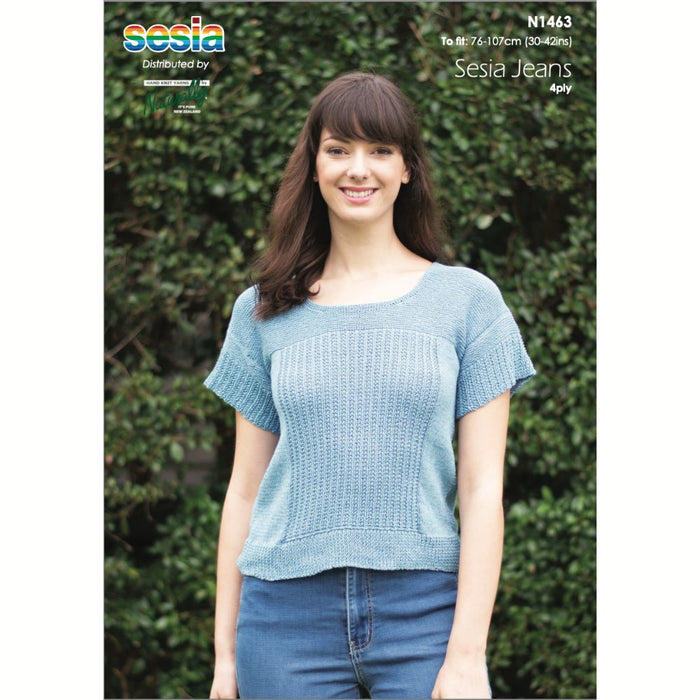 Short sleeve sweater knitting pattern (N1463) with Sesia Jeans 4ply yarn.