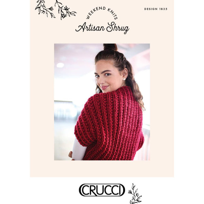 Artisan shrug knitting pattern in textured rib, featuring Crucci Natural Wonder Artisan yarn.