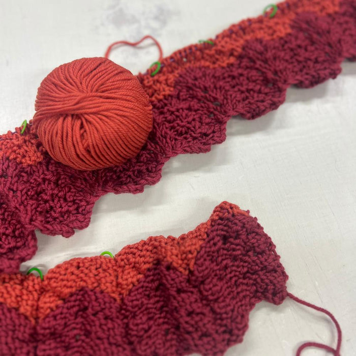 Knitting pattern with red yarn and knitted rows for Temperature Blanket 2025.