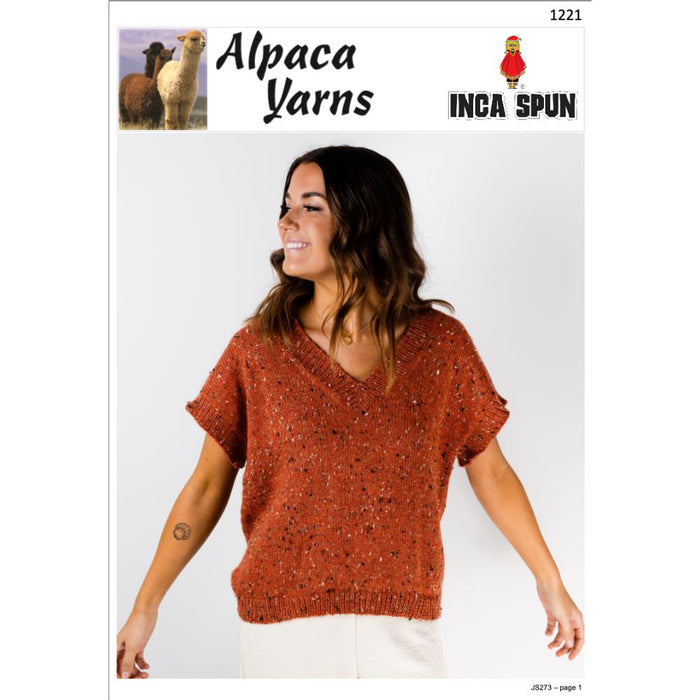 Tweed V Neck Vest Knitting Pattern in Inca Spun yarn, featuring classic V neckline and ribbed trims.