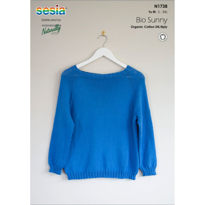 Unisex Top-Down Summer Jumper Knitting Pattern in blue, designed for warm weather, featuring minimal seaming and raglan shaping.