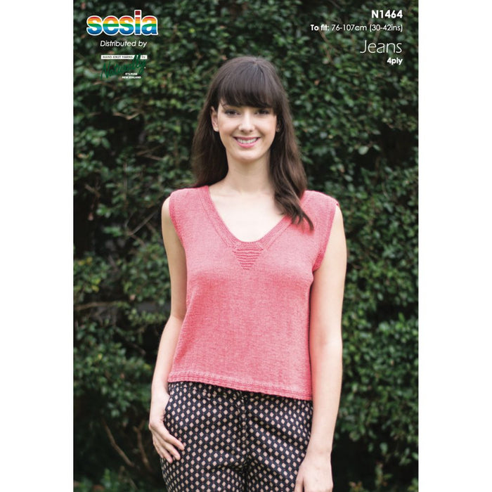 V-Neck Top Knitting Pattern N1464 featuring a woman wearing a pink knitted top with ribbed edges.