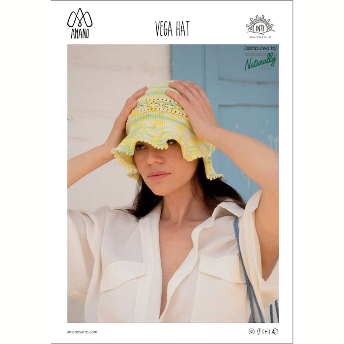 Vega Hat Knitting Pattern featuring Amano Inti yarn with decorative band and ruffled brim.