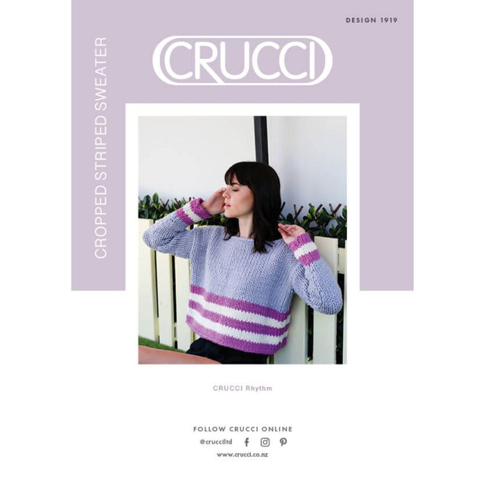 Women's cropped striped sweater knitting pattern (CRU1919) with Crucci Rhythm wool, easy skill level, sizes S-XL.