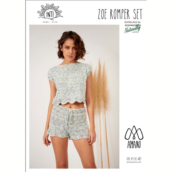 Zoe Romper Set Knitting Pattern featuring a delicate lace design, ideal for intermediate knitters.
