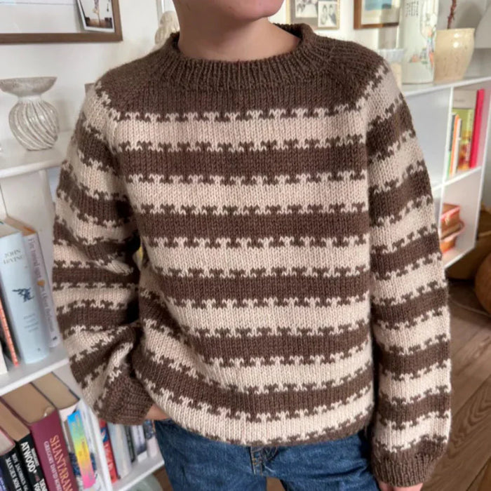 Junior striped sweater in brown and beige knit pattern by PetiteKnit with raglan sleeves and ribbed edges.
