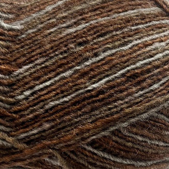 Omana Shawl Collar Sweater & Hat Knit Kit yarn in brown tones.