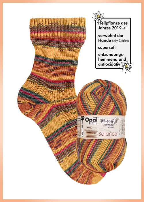 Opal Beauty Balance 4-ply sock yarn with vibrant pattern, enriched with Edelweiss and Vitamin E, shown knitted into sock.