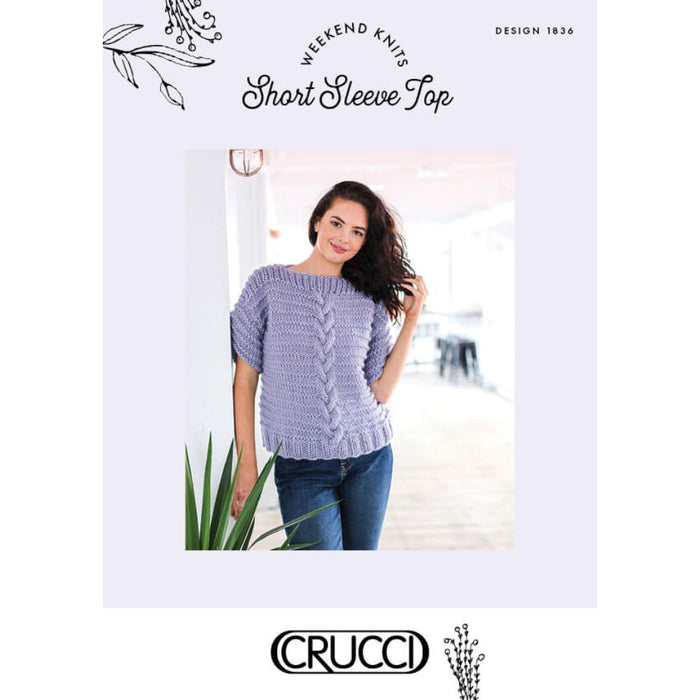Short sleeve top knitting pattern by Crucci, featuring textured design with ribbed details.