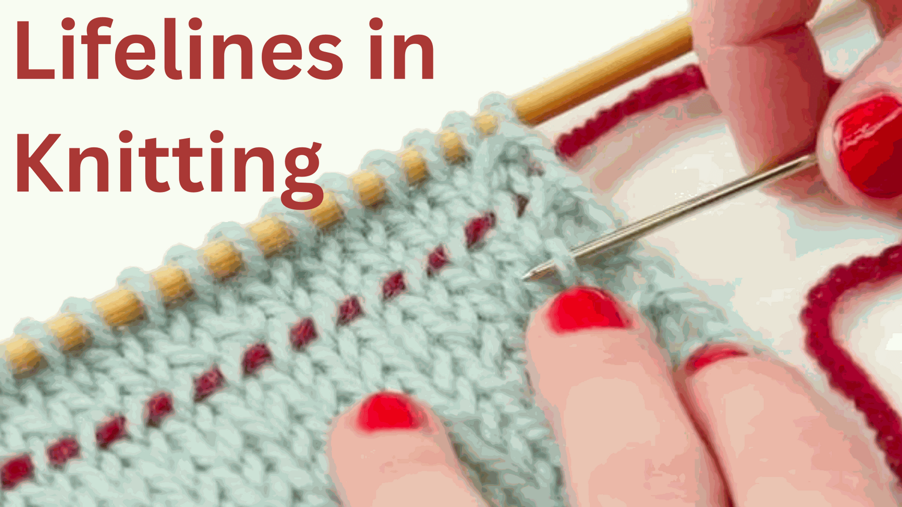 Close-up of knitting project with a lifeline threaded through live stitches for error correction