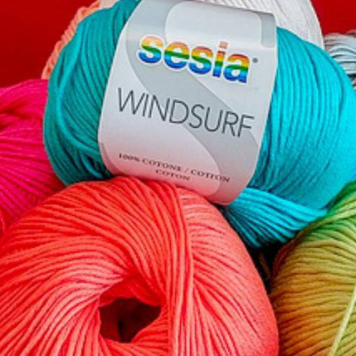 Close-up of colorful Sesia Windsurf mercerised cotton yarn skeins