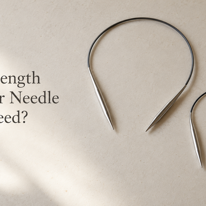 Two circular knitting needles of different lengths on a neutral background.