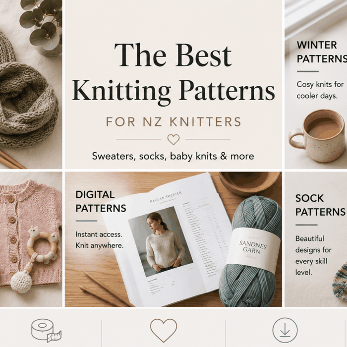 Colorful knitted swatches and yarn balls showcasing popular knitting patterns for NZ knitters