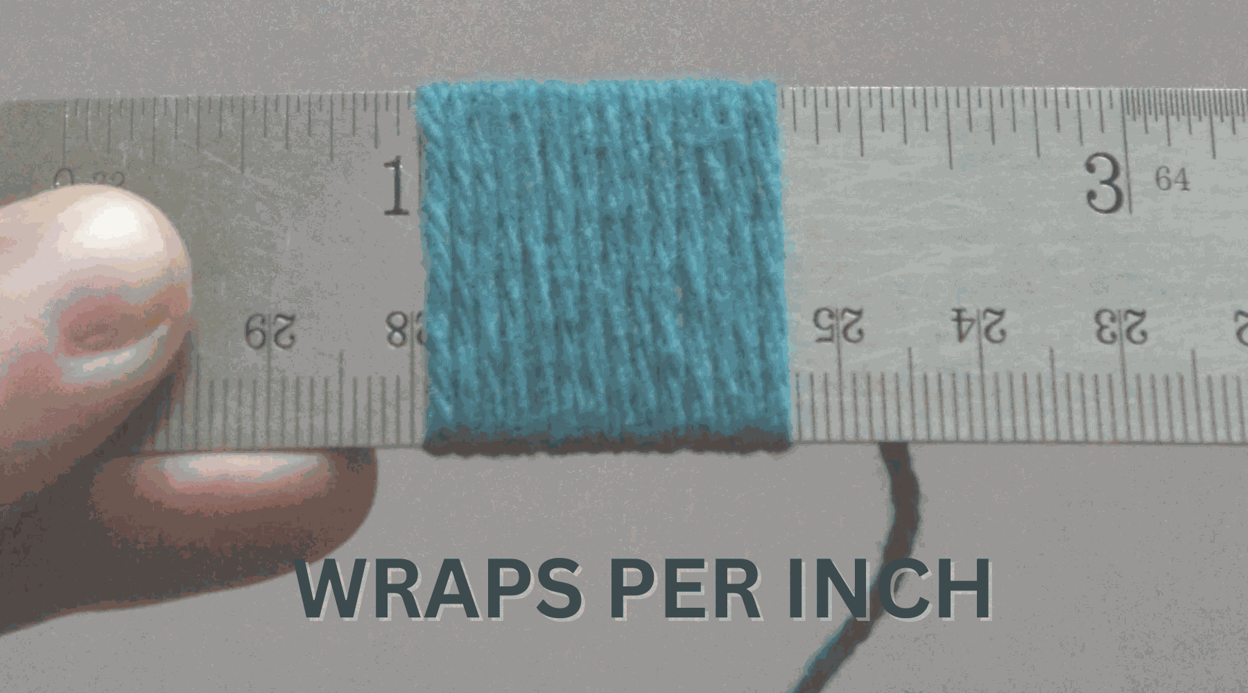 Yarn wrapped around ruler measuring Wraps Per Inch (WPI) for yarn weight determination