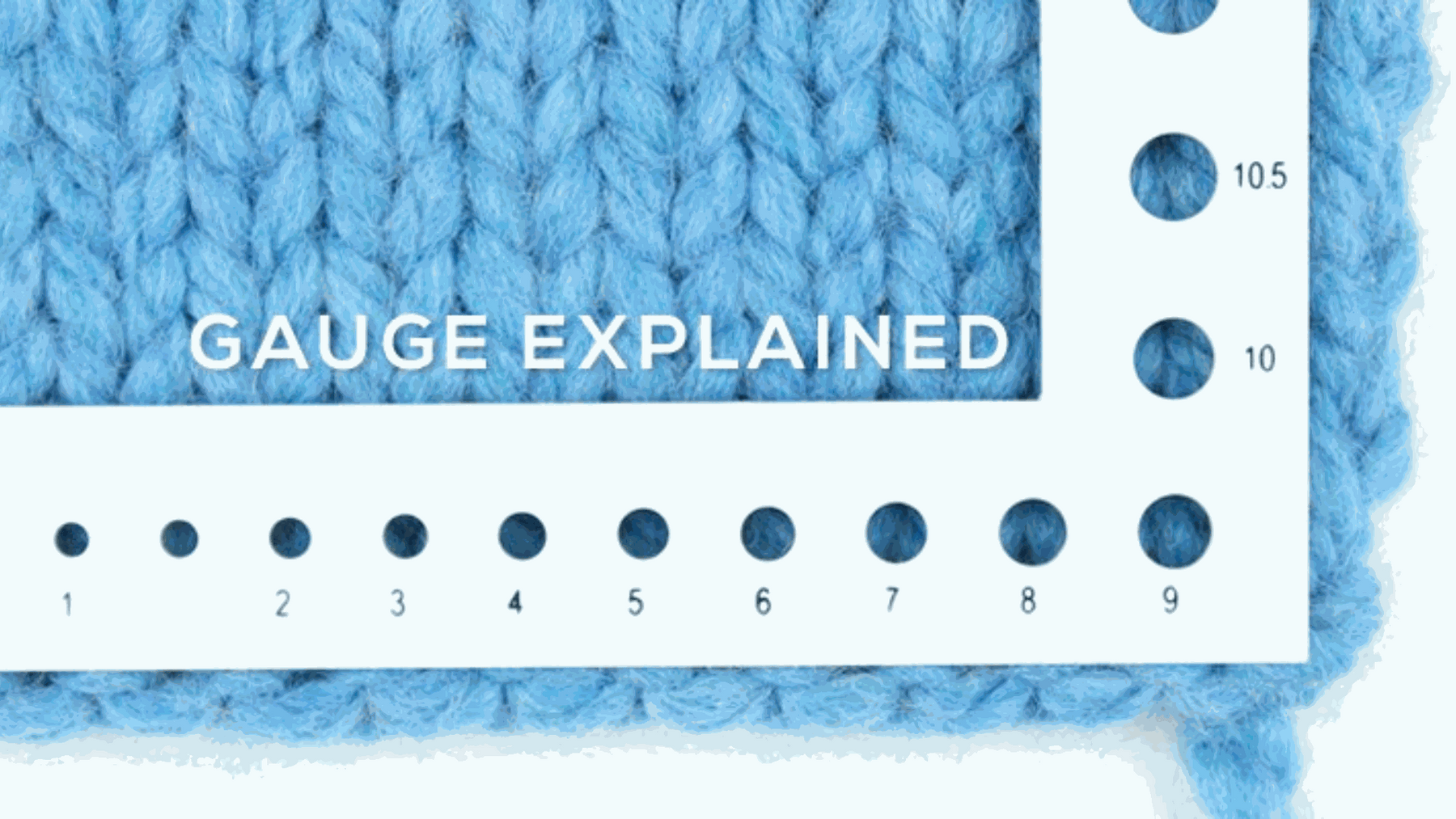 Knitting gauge guide with yarn, needles, and gauge swatch measurement for accurate sizing