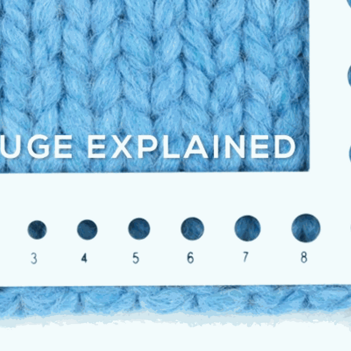Knitting gauge guide with yarn, needles, and gauge swatch measurement for accurate sizing