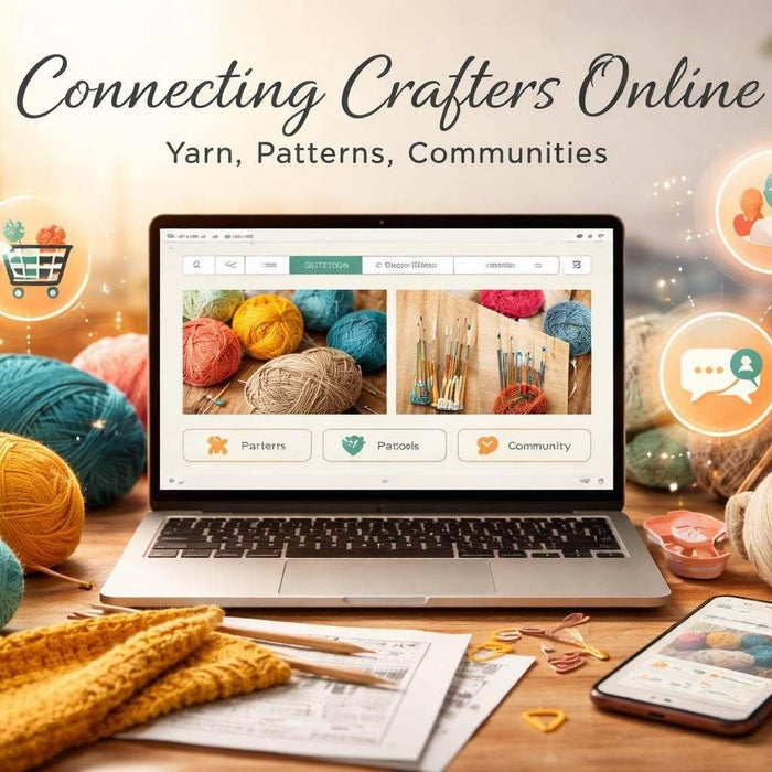 Customer service representative assisting a customer with knitting supplies at an online knitting store desk